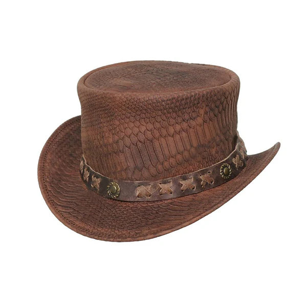 Distressed Brown Leather Top Hat with Snake Plated Accent