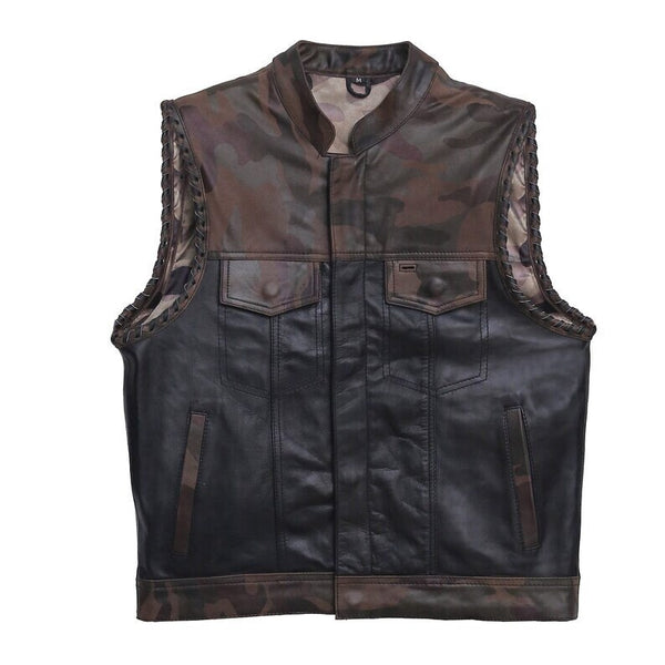 Leather vest Camo Style Denim Leather Motorcycle Vest Braided Braided Arms Men's Leather Vest Biker Rider Club