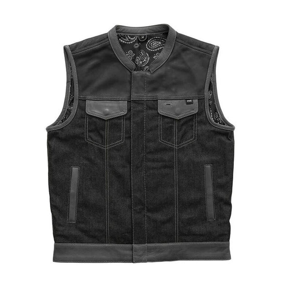 Leather Vest ,Mens Hunt Club Black Red Paisley Leather Build Denim Style Ride Motorcycle Vest