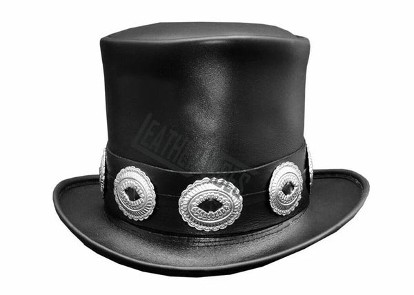 Top Hat-Rocker Black Leather Slash Style Conchos Band,Gothic Top hat,Custom Leather hat,Steampunk Top Hat