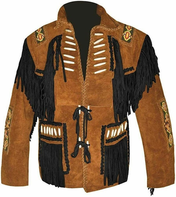 New Men’s Native American Cowboy Buckskin Leather Jacket Coat With Fringes Brown & Black Western Jacket