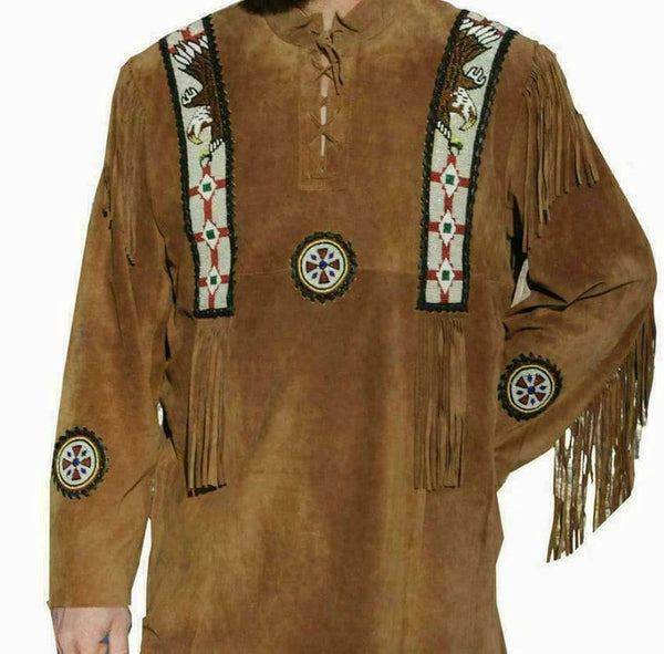 Men Native American Western Cowboy Leather Jacket Suede Coat Fringe Eagle Beads Shirt Gift for Men Brown Red Indian Country Side Jacket