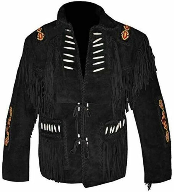 New Men’s Native American Cowboy Buckskin Leather Jacket Coat With Fringes Black Western Jacket