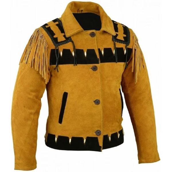 Men American Native Western Cowboy Real Leather Jacket Fringes Brown Leather Western Jacket Coat Country Side