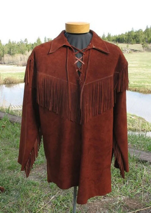 New Men Handmade Native American Mountain Man Buckskin Leather War Shirt Brown Western