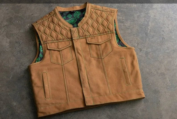 Leather Vest Tan Brown Canvas Vest Denim Vest Denim Men Vest Biker vest Motorcycle Vest Men Motorcycle Gifts For Men