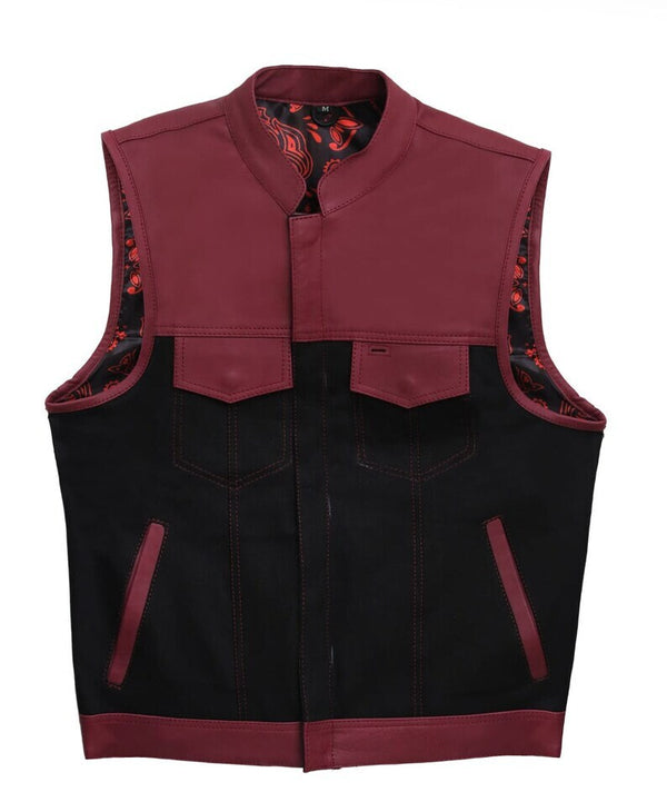 Hand Made Leather & Denim OX Blood Biker Rally Rider Motorcycle MC Club Men Vest