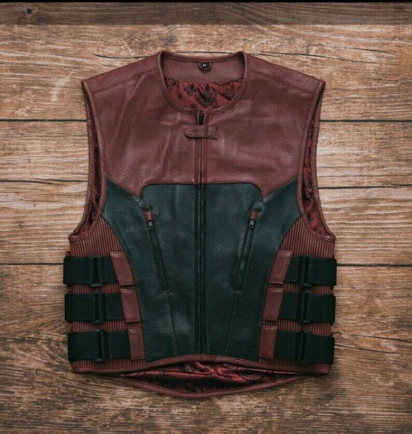 Leather Vest Mens Hunt Club Diamond Quilted Black & Maroon Leather Build Denim Style Rider Motorcycle Leather Vest Mens Vest