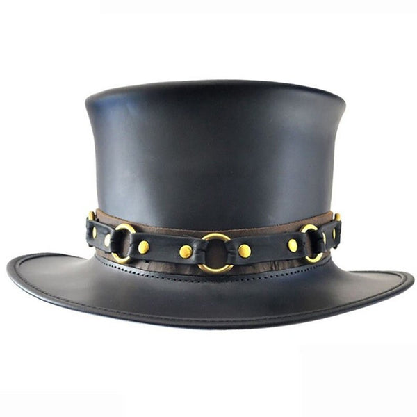 Steampunk Hat Black Leather Top Hat SR2 Band El Dorado Top Hat Bikers Hat Motorcyclists Hat