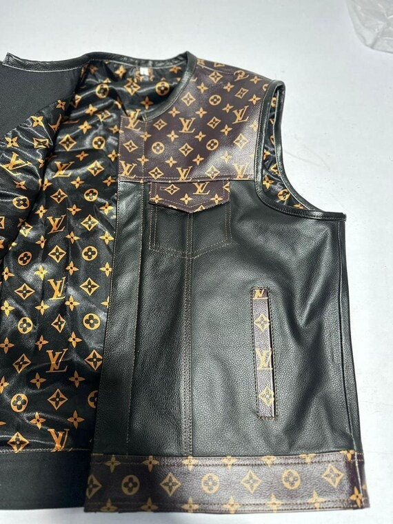 Leather Vest Men's Hunt Club Brown Wax  Black Paisley Leather Build Denim Style Rider Motorcycle Leather Vest Men Vest